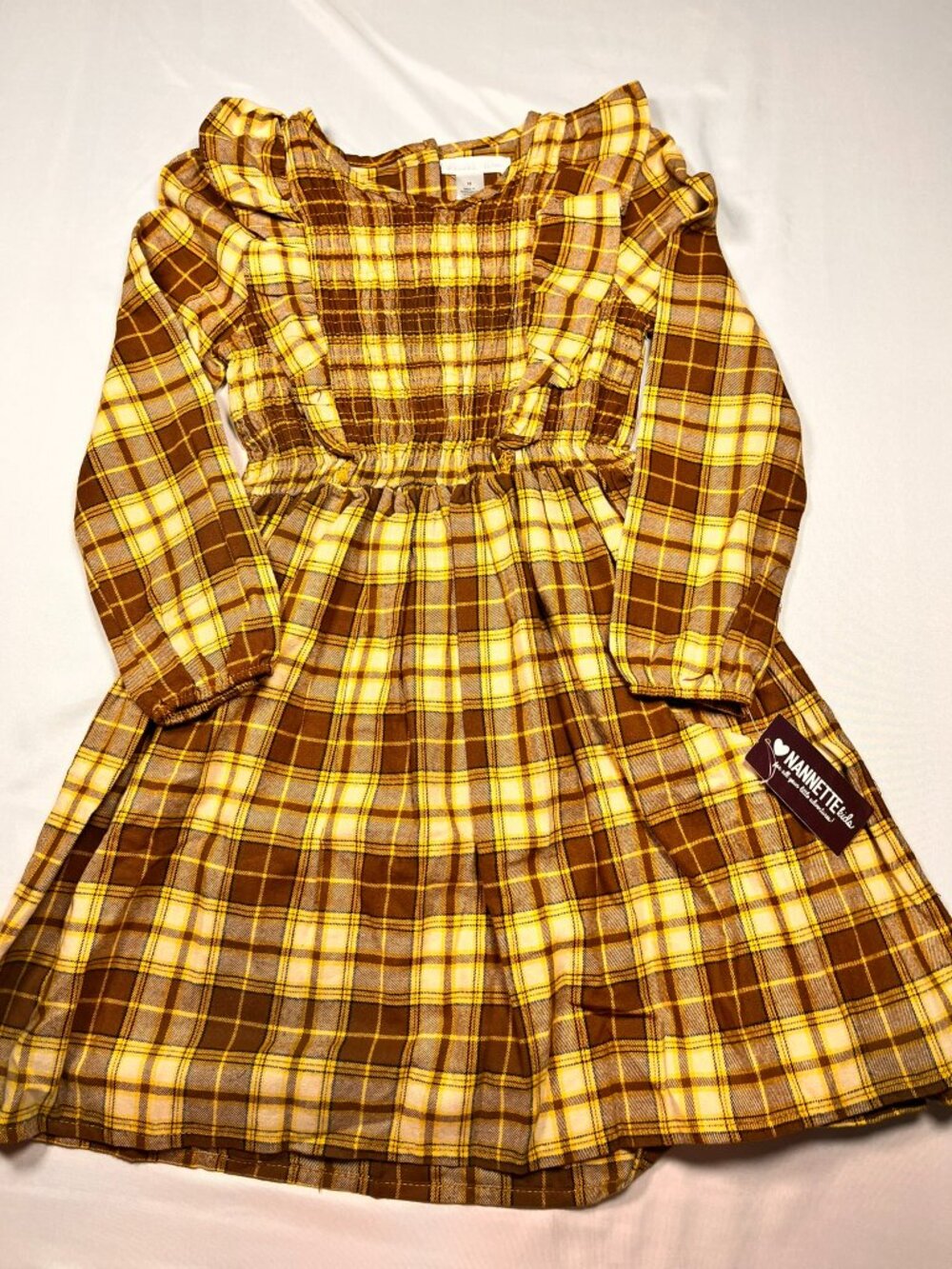 Nannette Girls Size 10 Yellow Brown Plaid Smocked Long Sleeve Ruffle Dress NWT